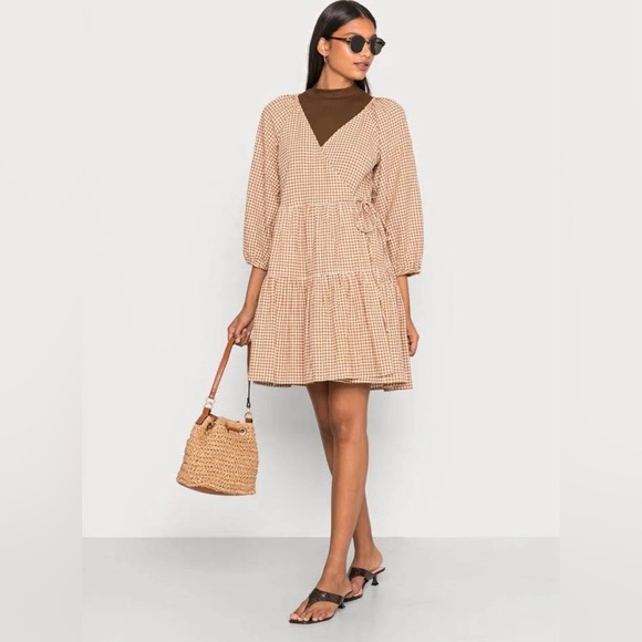 NWT MADEWELL‎ Gingham Puff-Sleeve Wrap Mini Dress Cotton India Made NE955 Sz 4X - Picture 1 of 15